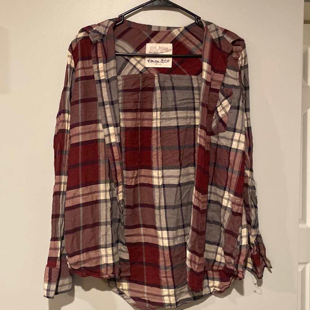 Girl Krazy Burgundy/Grey Plaid Long Sleeve - Size S